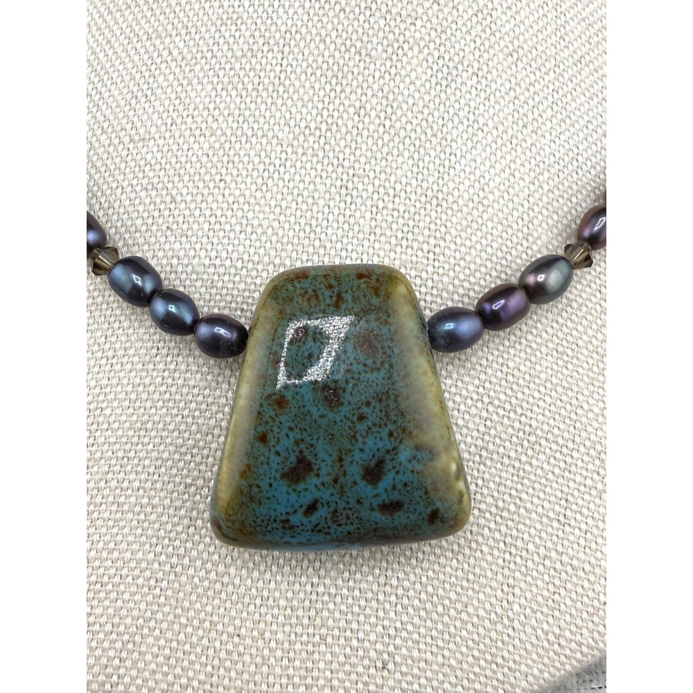 Vintage Estate Pendant Necklace Blue Green Ceramic Peacock 18in